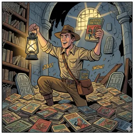 Cazador de tebeos perdidos en una cripta llena de cómics